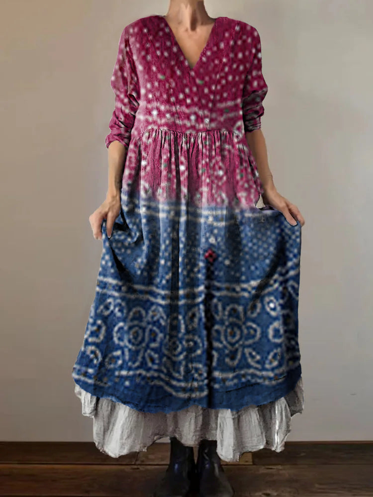 Women's Colorblocked Embellished Pattern Art Print V-Neck Button Pocke