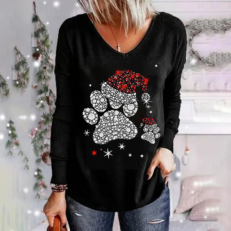 Comstylish Happy Christmas Shiny Christmas Dog Paw Casual V-Neck T-Shirt