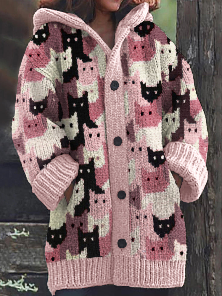 Pink Crowded Cats Knit Art Cozy Hooded Cardigan elevenforest