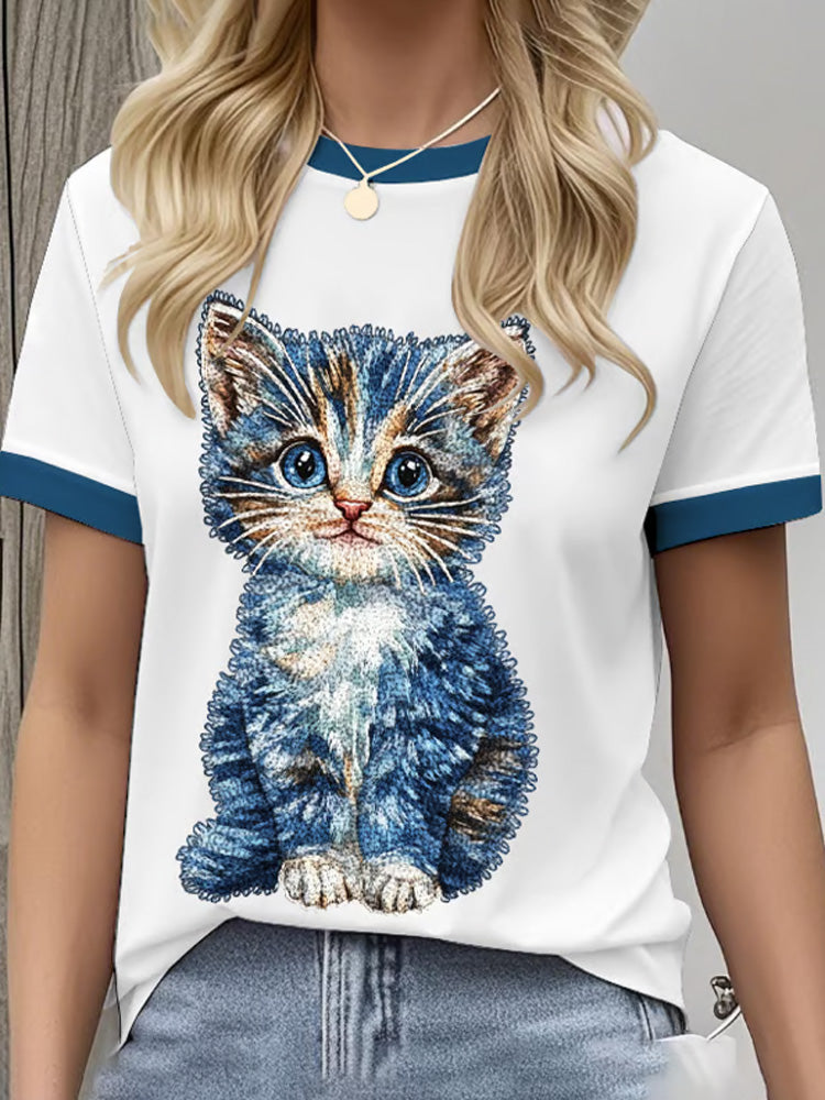 Women's Retro Funny Denim Patch Animal Cat Print Crew Neck T-shirt artswardrobe