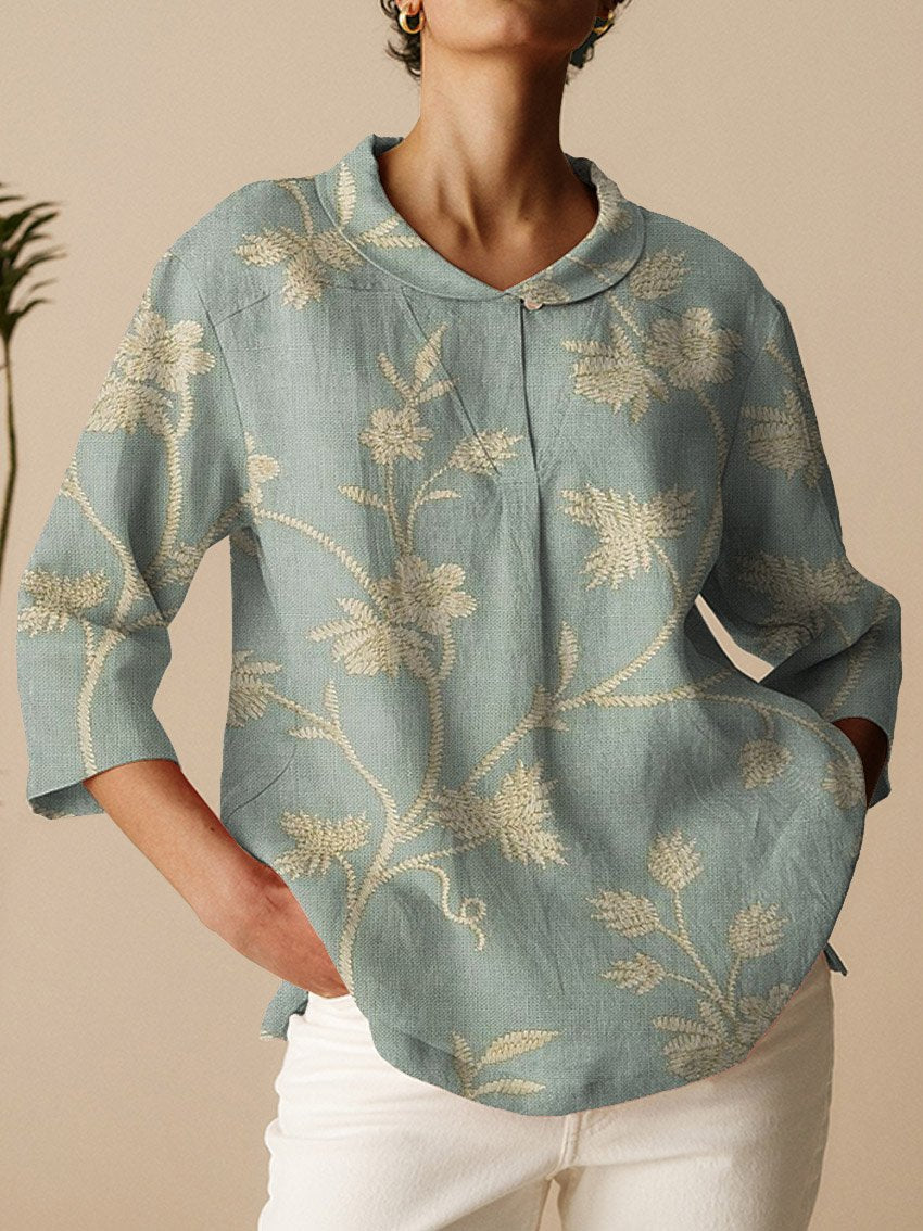 Women's Vintage Floral Art Print Casual Linen Cotton 3/4 Sleeve Shirt