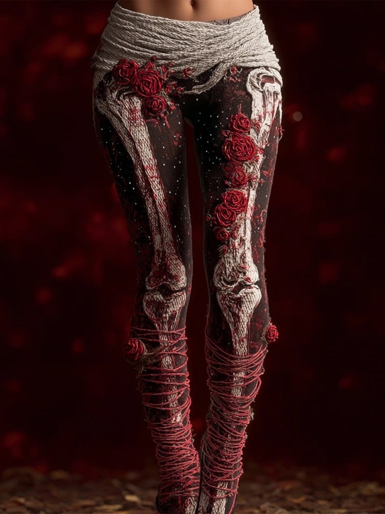 Retro Skeleton Anatomy Bloody Roses Bandages Knit Leggings artswardrobe