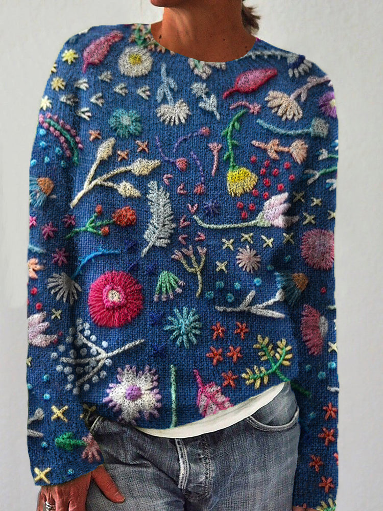 Vintage Embroidered Floral Pattern Crew Neck Sweater elevenforest
