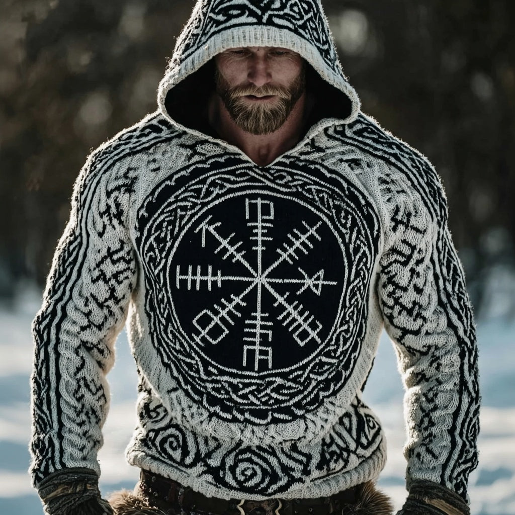 Men's Viking Compass Vegvisir Chunky Hooded Sweater artswardrobe