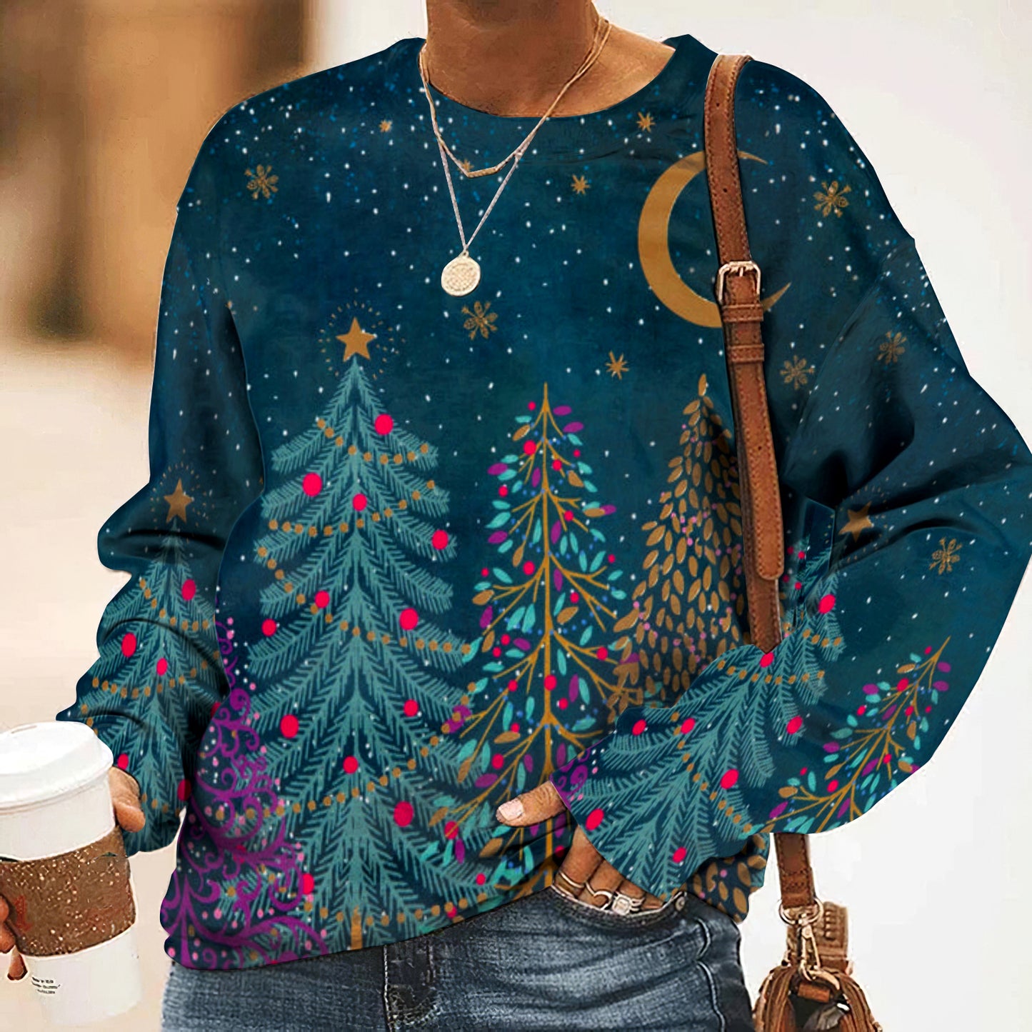 Comstylish Retro Colorful Christmas Tree Starry Sky Pattern Casual Sweatshirt
