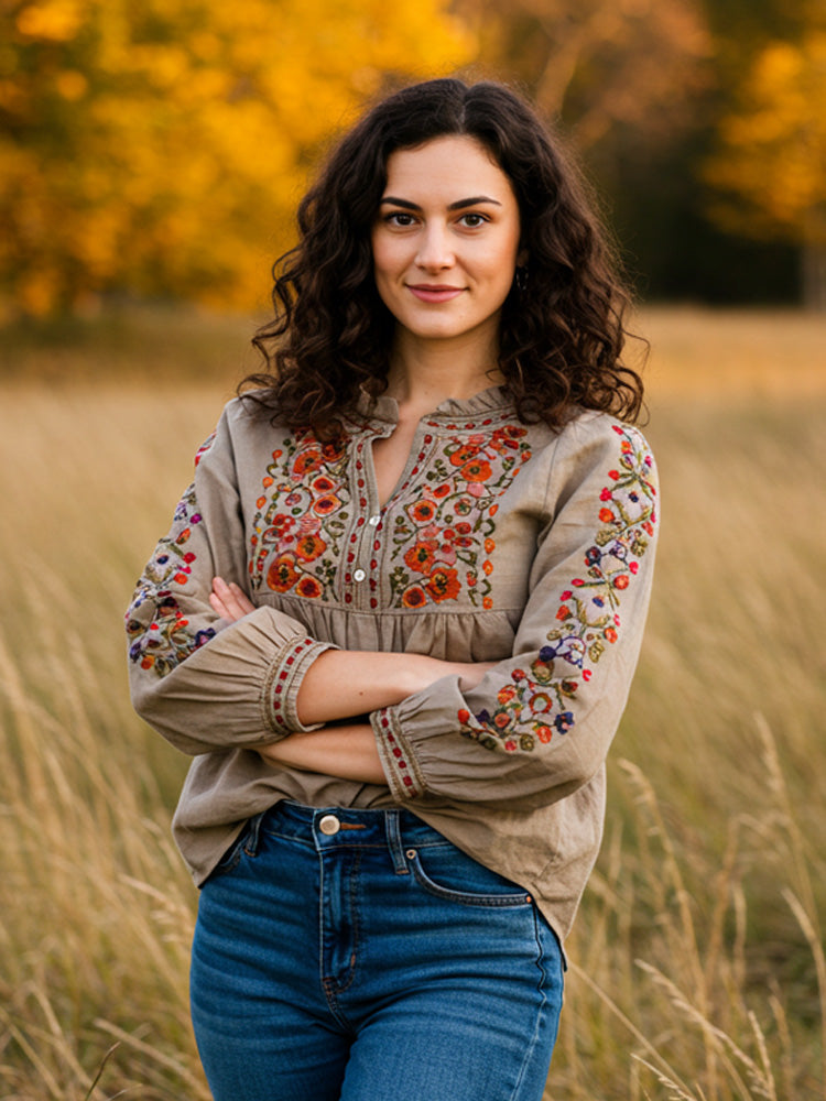 Comstylish Women's Vintage Bohemian Embroidered Print Shirt