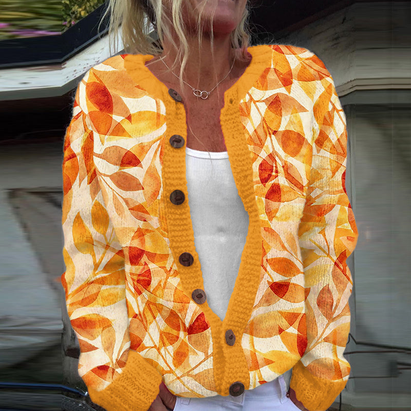 Autumn Leaf Print Long Sleeved Knitted Cardigan artswardrobe