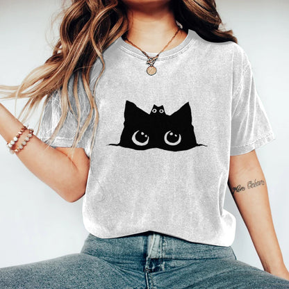 Comstylish Abstract Creative Cute Black Cat Art Print T-shirt
