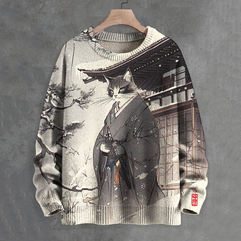 Men's Winter Snow Kimono Cat With Knife Japanese Art Print Sweater elevenforest