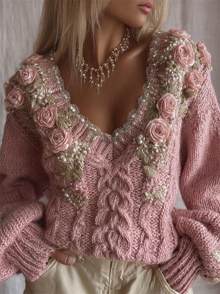 Vintage Tiny Pink Roses Glitter Cozy Cable Knit Sweater elevenforest