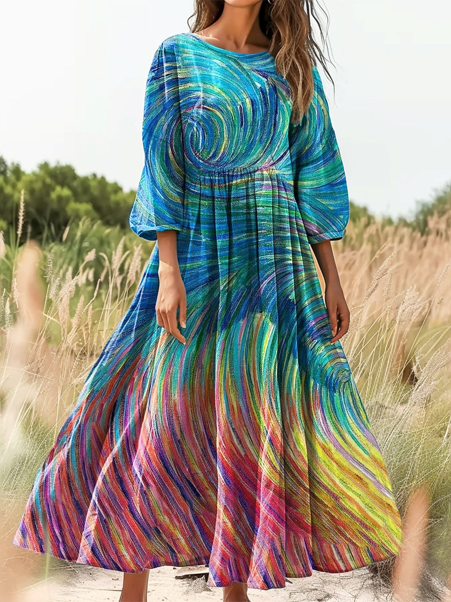 Women's Colorful Line Art Print Flowy Cotton Crew Neck Dress