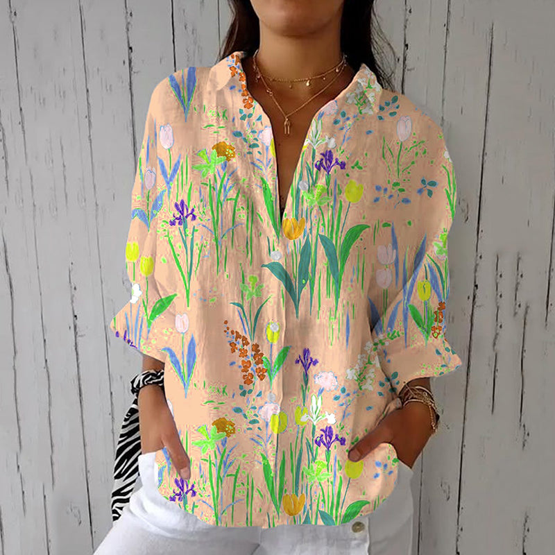Comstylish Women's Floral Print Long Sleeve Casual Linen Blend Shirt