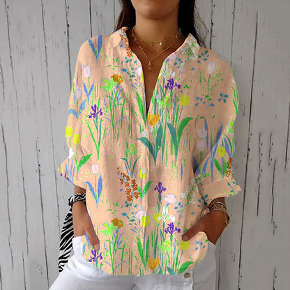 Comstylish Women's Floral Print Long Sleeve Casual Linen Blend Shirt