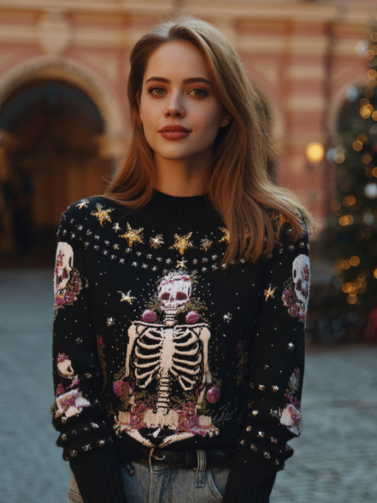 Comstylish Women's Christmas Decoration Skull Art Warm Round Neck Sweater