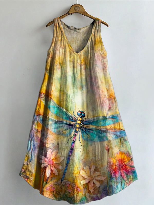 Women's Colorful Watercolor Dragonfly Art Print V-neck Pocket Cotton D
