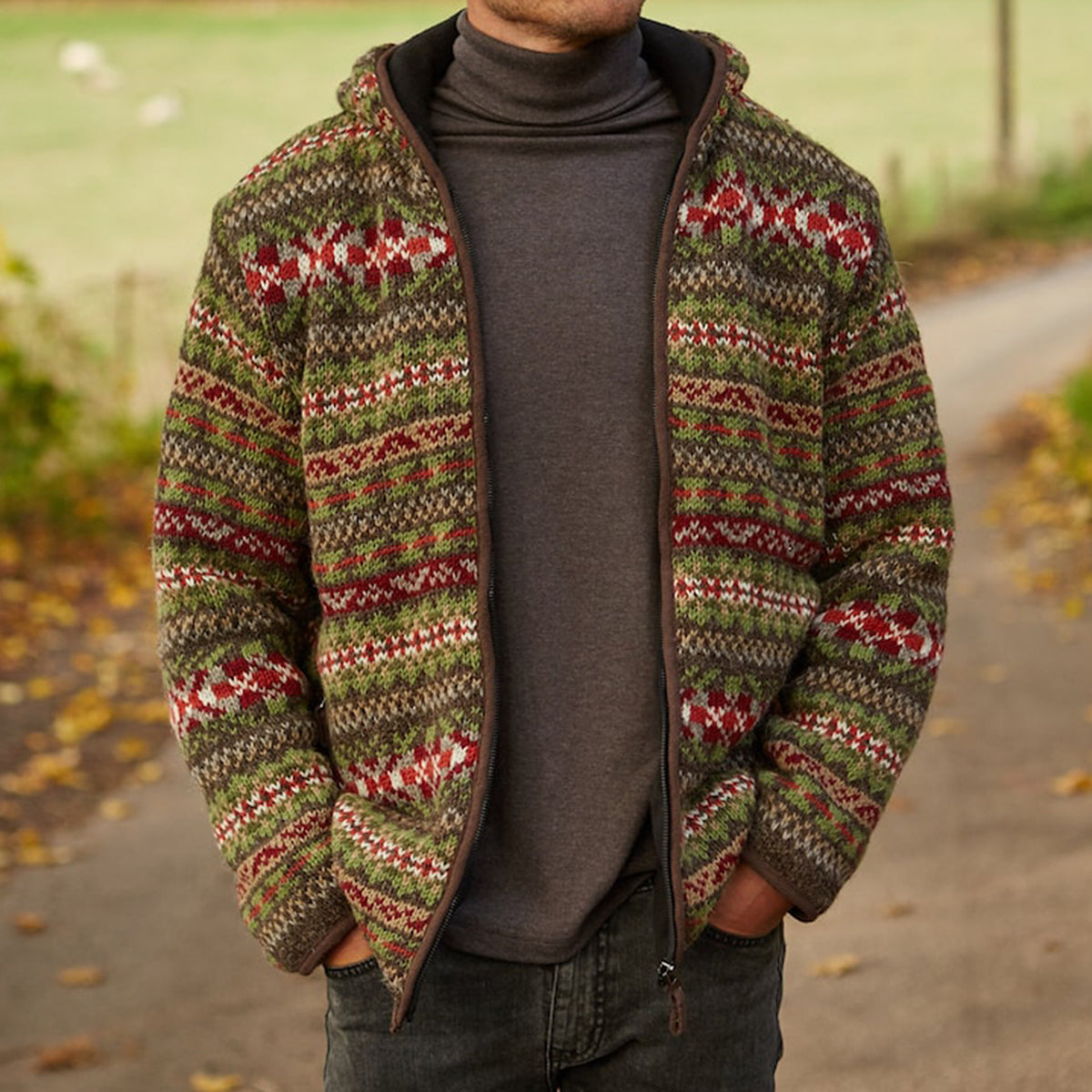 Mens Vintage Fair Isle Knitted Hooded Cardigan elevenforest