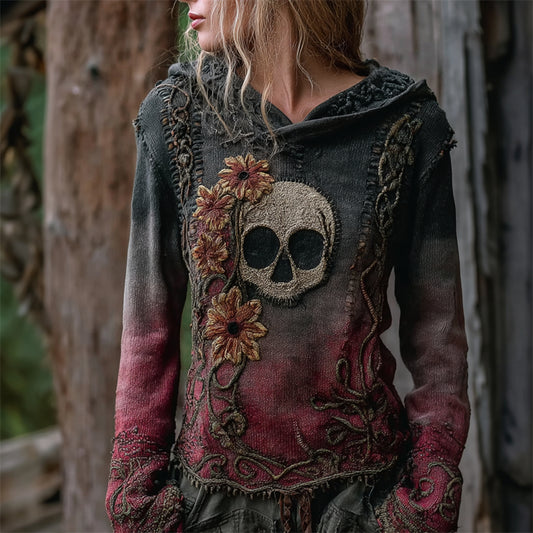 Vintage Skull Floral Celtic Gradient Cozy Knit Hooded Sweater elevenforest
