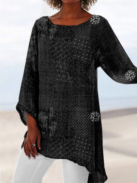 Comstylish Japanese Traditional Sashiko Art Round Neck Flowy Tunic