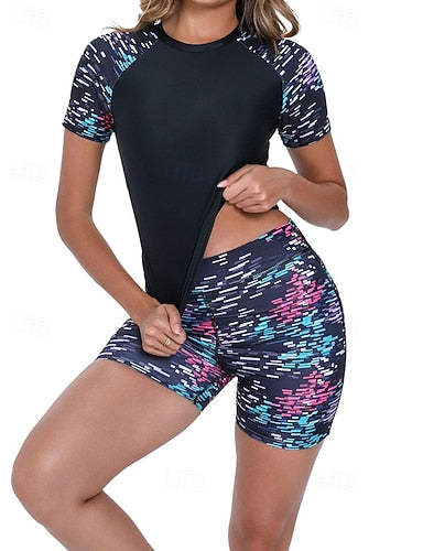 Rash Guard Bathing Suit 2 Pieces Printed Ultra Light (ul) Uv Protection Elastic Short Sleeve Swimwear Surfing Snorkeling Spring