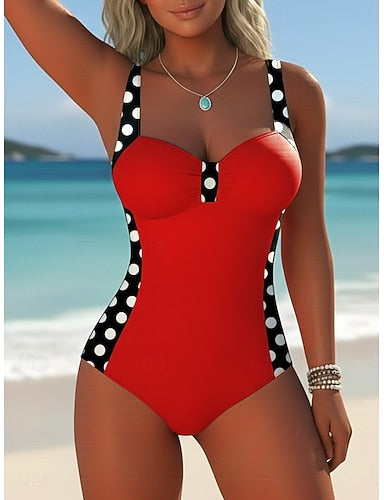 One Piece Swimsuit Slimming Underwire Colorblock Briefs Vacation Polka Dot Geometic V Neck Sleeveless Bathing Suits