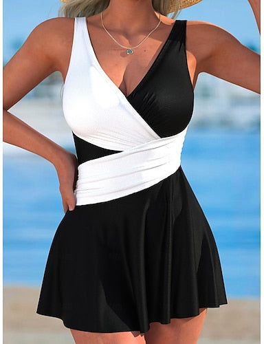 Swimwear One Piece Monokini Swim Dress Swimsuit Tummy Control High Waist Slim Backless Vacation Beach Wear Leopard Color Block V Neck Sleeveless Bathing Suits