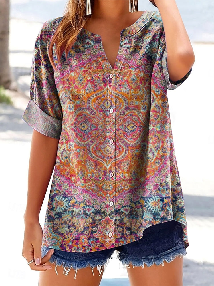 Women's Retro Ethnic Totem Art Print Casual Short Sleeve Cotton and Li