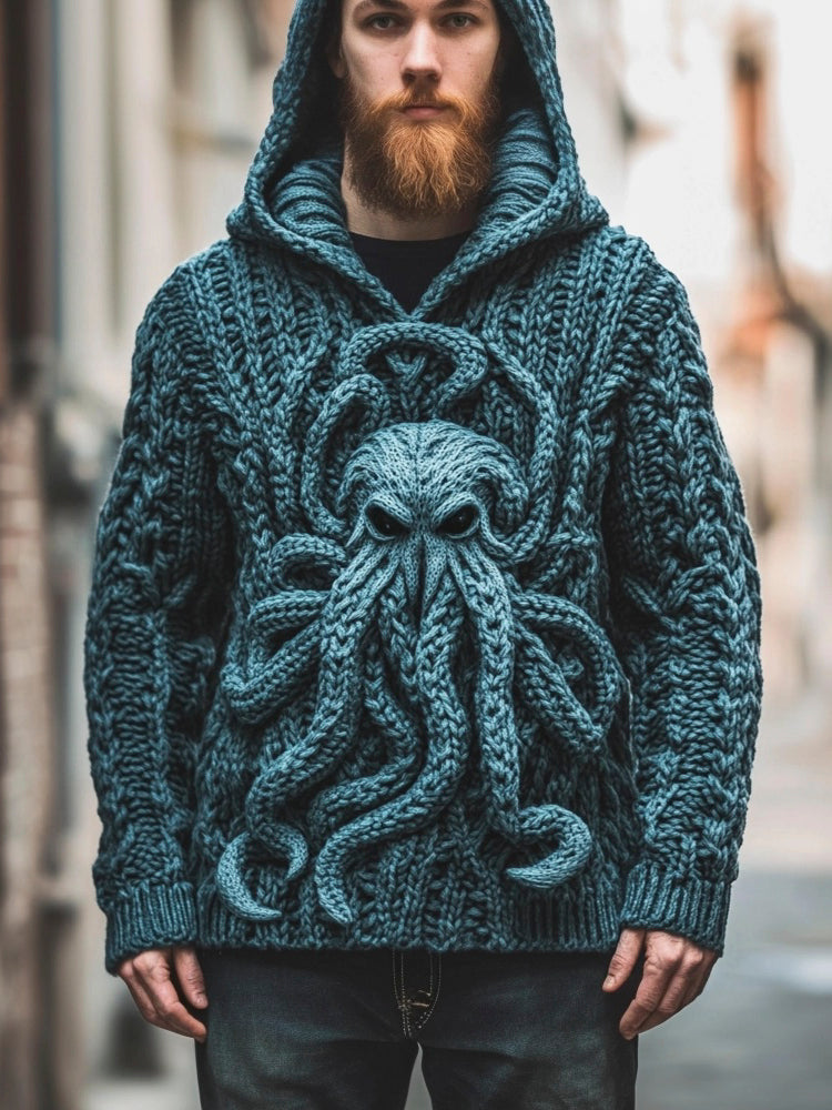 Ocean Octopus Cthulhu Knit Pattern Men's Hooded Sweater artswardrobe
