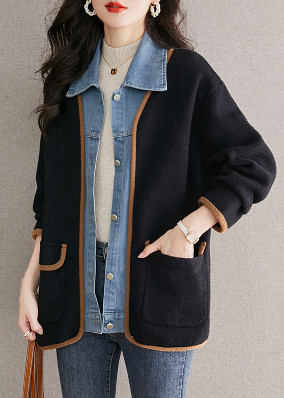 Cappotto in lana nero unico con colletto alla Peter Pan, patchwork di jeans, effetto due pezzi, autunno