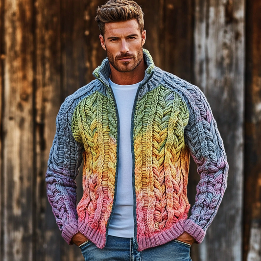 Men's Vintage Rainbow Cable Knit Gradient Cozy Sweater artswardrobe