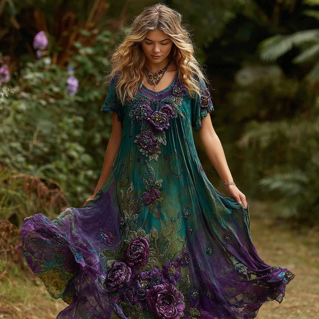 Women's Retro Purple Rose Pattern Gradient Short Sleeve Dress artswardrobe