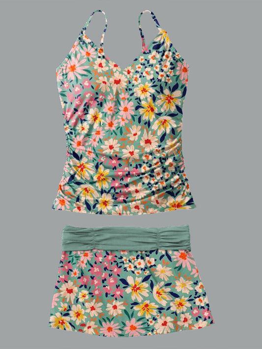 V-Neck Vintage Flowers Print Suspender Skirt Tankini Pantskirt Set Swimsuit