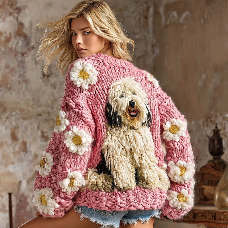 Comstylish Vintage Fluffy Cute Dogs With Daisy Floral Art Inspired Embroidered Cozy Knit Sweater Cardigan