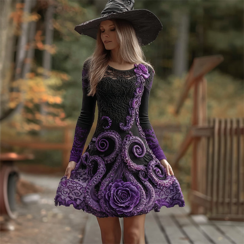 Comstylish Halloween Evil Dark Tentacles Glitter Rose Lace Flowy Mini Dress