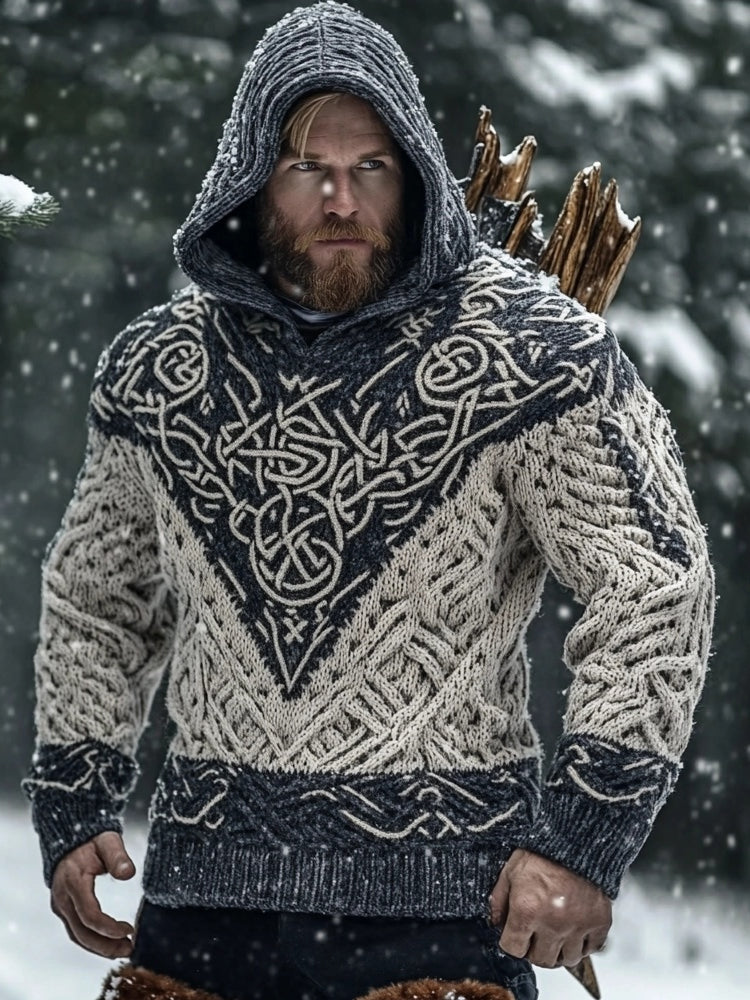 Men's Viking Inspired Celtic Jacquard Chunky Hooded Sweater artswardrobe