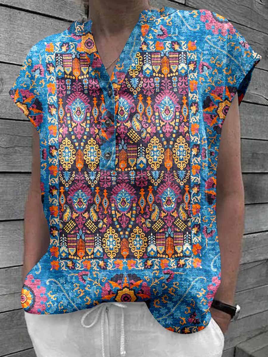 Women's Classic Kantha Vintage Floral Pattern Cotton and Linen Top