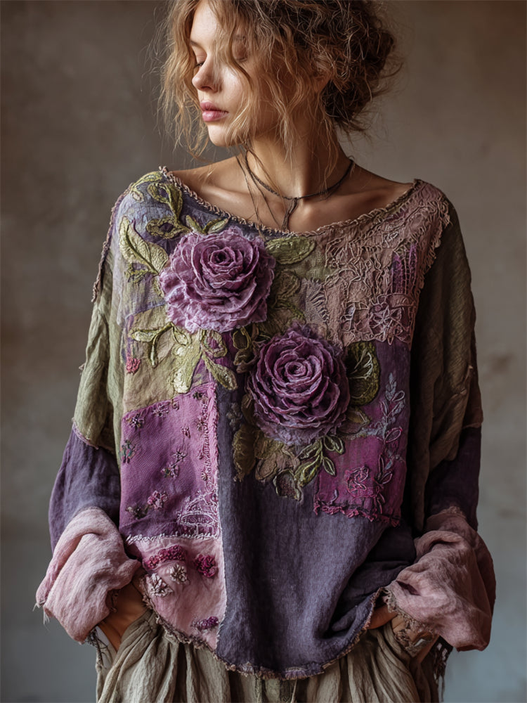 Vintage Purple Roses Boho Patchwork Linen Tunic artswardrobe