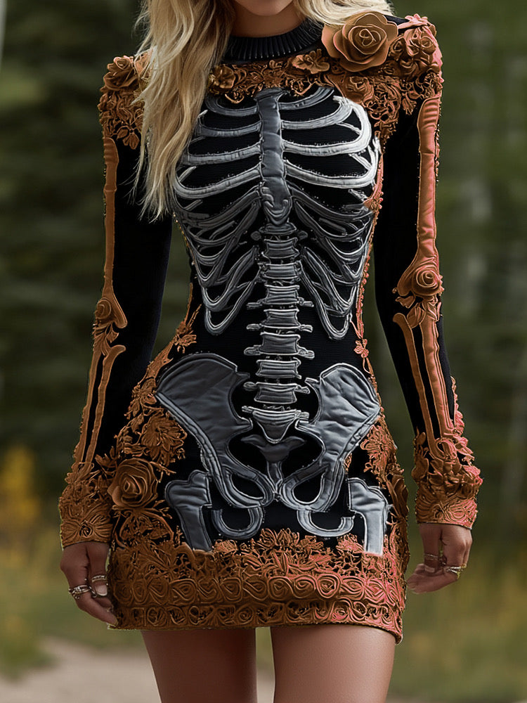 Women's Halloween Skeleton Bones Leather With Rose Pattern Art Hot Sexy Style Cozy Knit Mini Sweater Dress artswardrobe