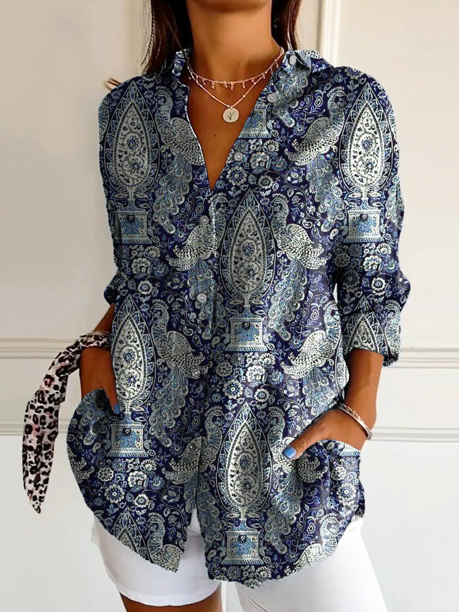 Women's Vintage Ethnic Floral Art Print Casual Cotton Shirt
