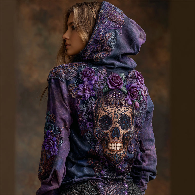 Comstylish Day Of The Dead Sugar Skull Roses Fiber Art Beaded Dyed Hoodie