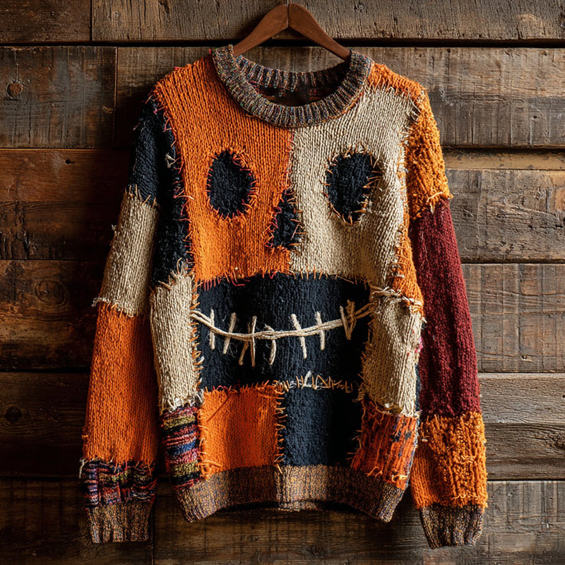 Halloween Pumpkin Face Contrast Stitched Cozy Knit Sweater artswardrobe