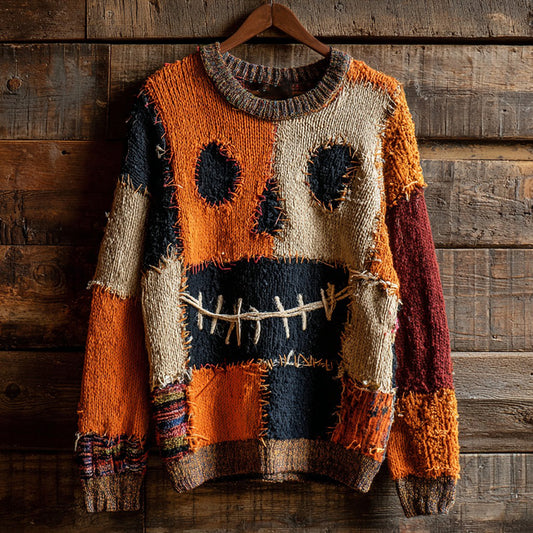 Halloween Pumpkin Face Contrast Stitched Cozy Knit Sweater elevenforest