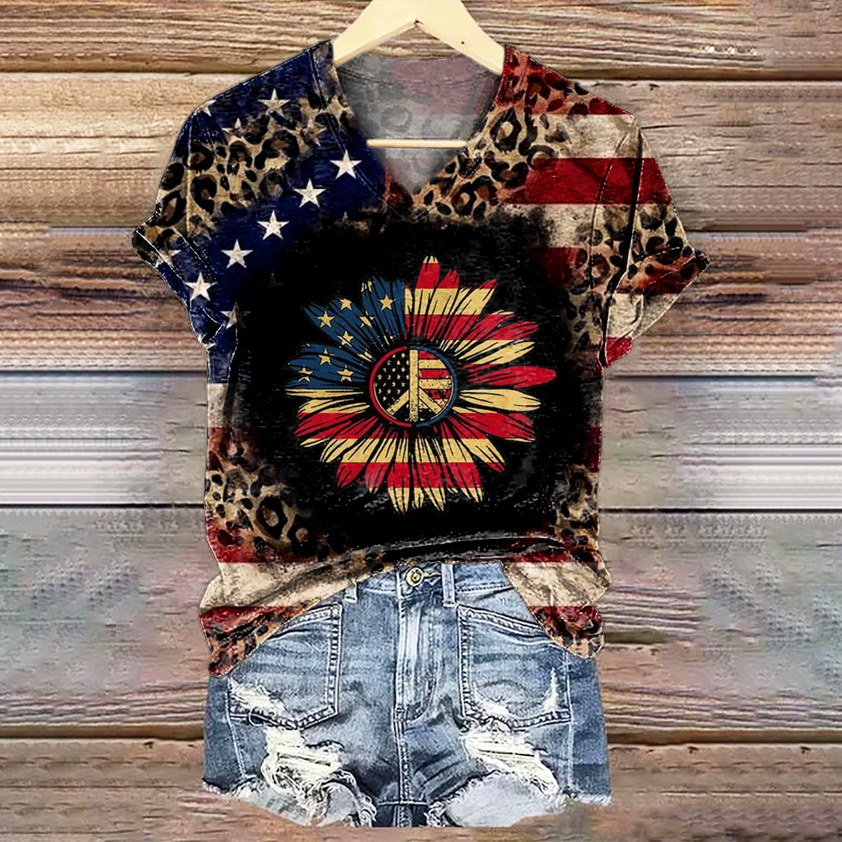 Women's Retro Hippie Sunflower Flag Peace Print V-neck Casual T-Shirt