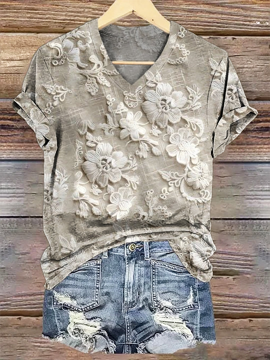 Women's Vintage Ethnic Floral Texture Print V-neck Casual T-Shirt