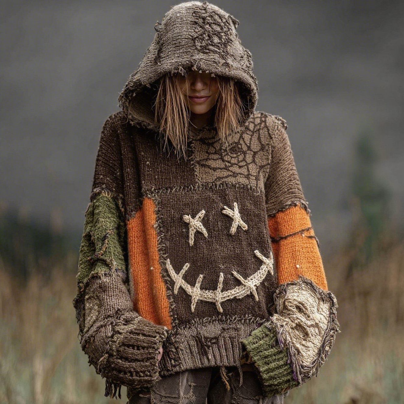 Halloween Spooky Face And Spider Web Patchwork Design Cozy Knit Hooded elevenforest