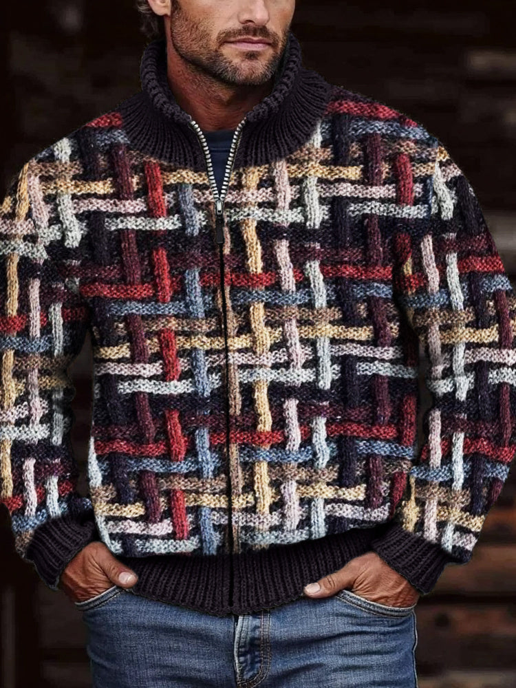 Men's Retro Colorful Woven Jacquard Chunky Full Zip Cardigan elevenforest