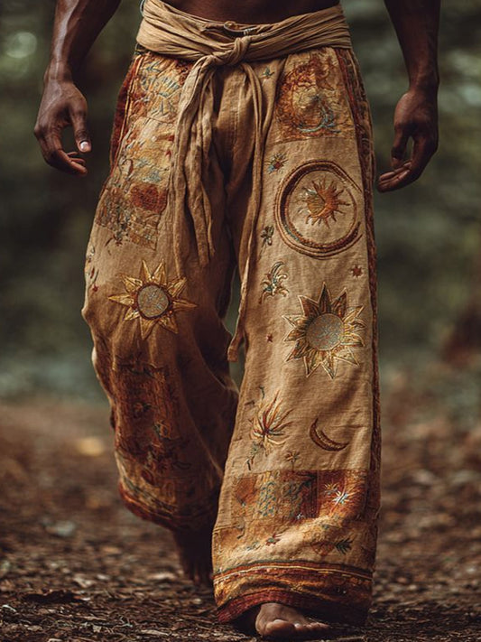 Men's Retro Sun And Moon Embroidered Print Trousers elevenforest