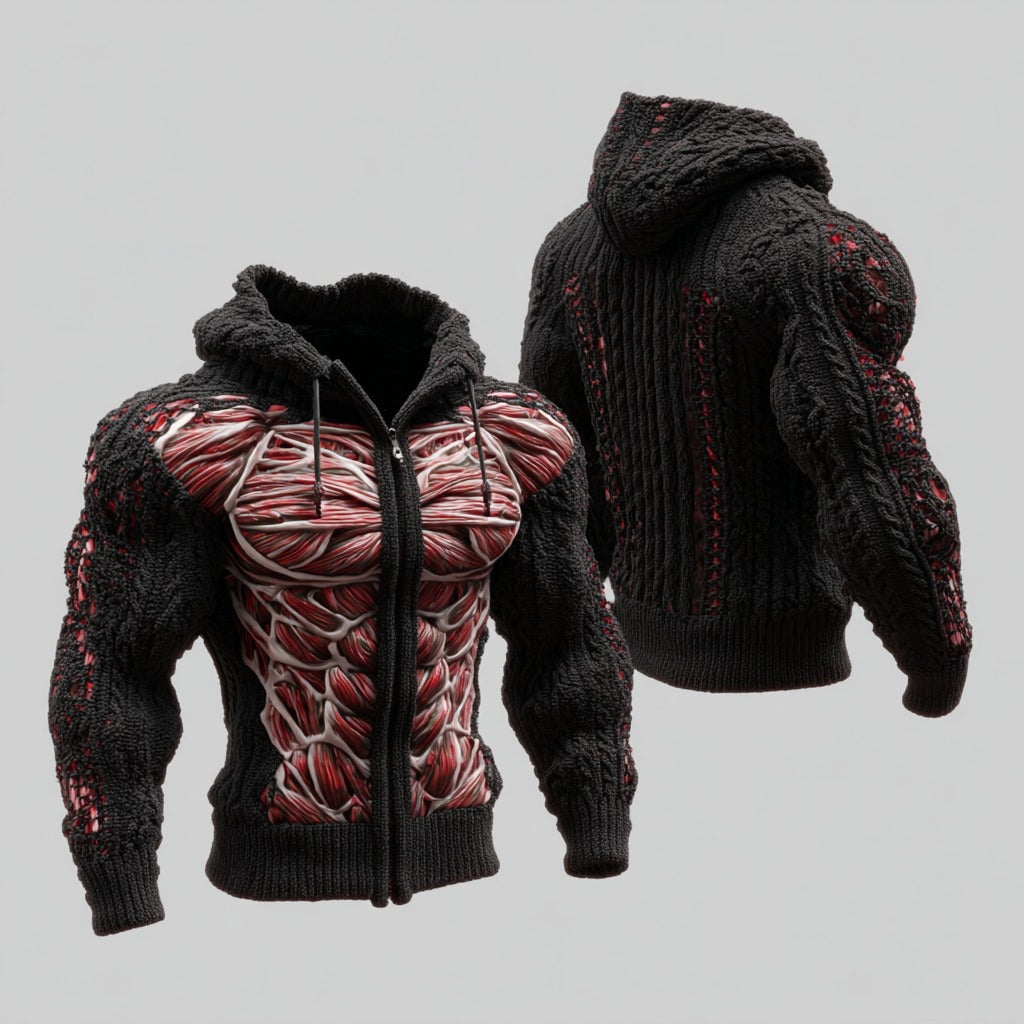 Men's Skull Line Art Knit Zip-up Hooded Sweater artswardrobe