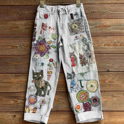 Comstylish Women's Bohemian-style Floral Cat-print Jeans
