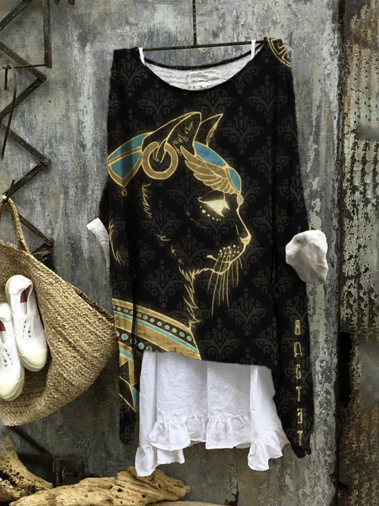 Comstylish Vintage Egyptian Cat Print Women's Casual Linen Long Shirt