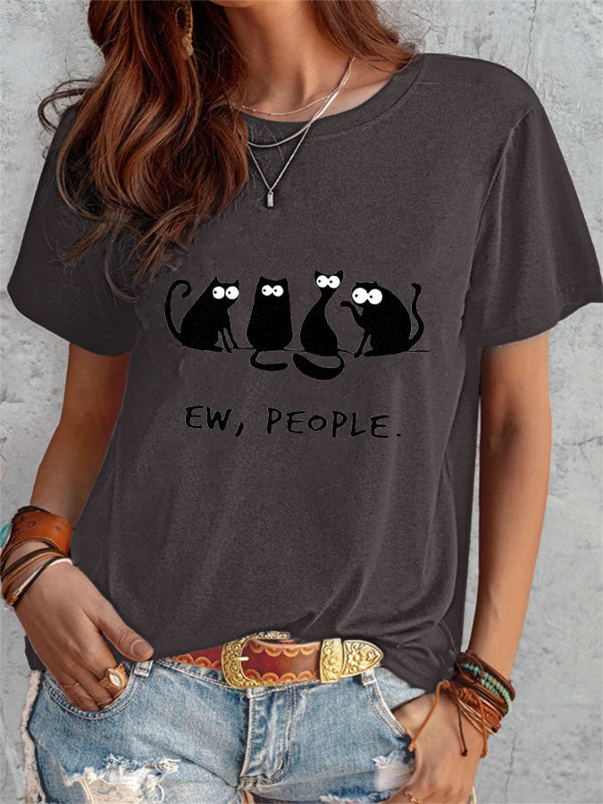 Ew,People Black Cat Print T-shirt elevenforest
